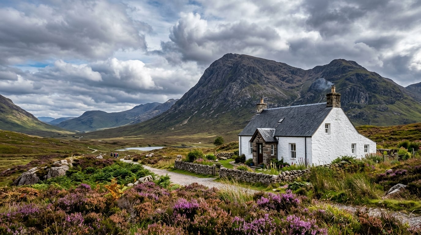 White Highland cottage with dramatic Scottish mountain scenery
